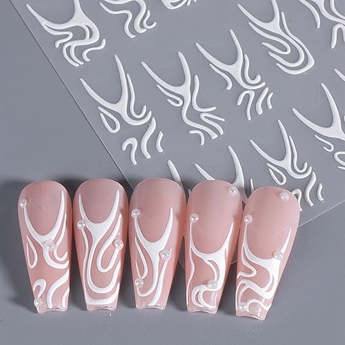 4Pcs White Swirls Lines Nail Stickers 5D Micro-Embossed white swirls lines