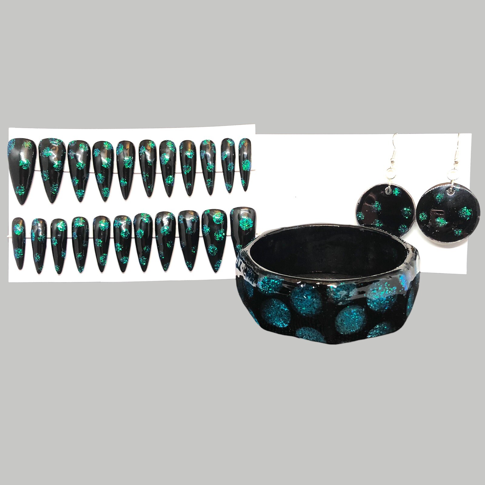 Custom Handmade Press On Nails Long Almond Black & Teal Plus Matching Jewelry