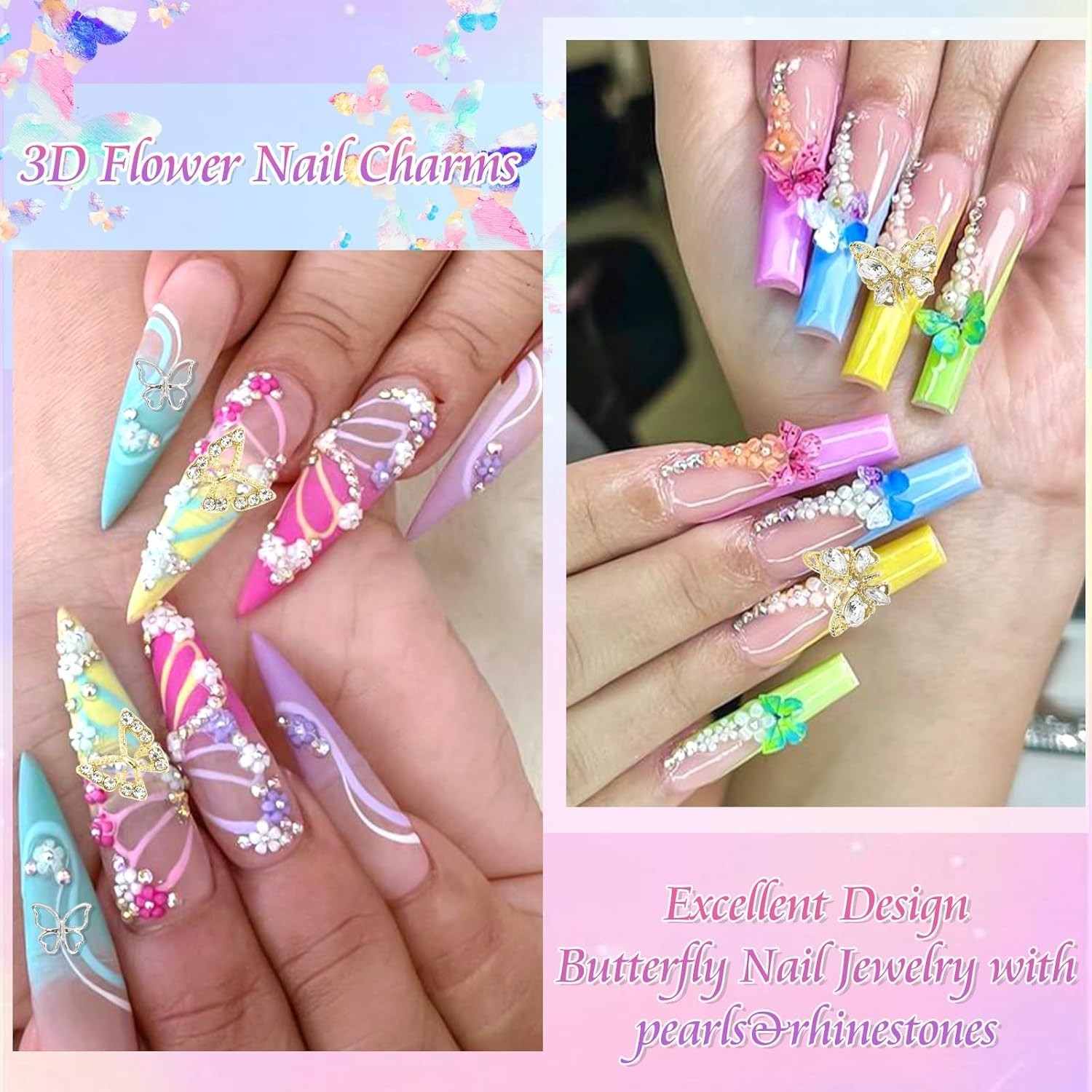Flower Nail Charms Colorful 3D Flowers for Nails Metal Butterfly Nail Art Charms