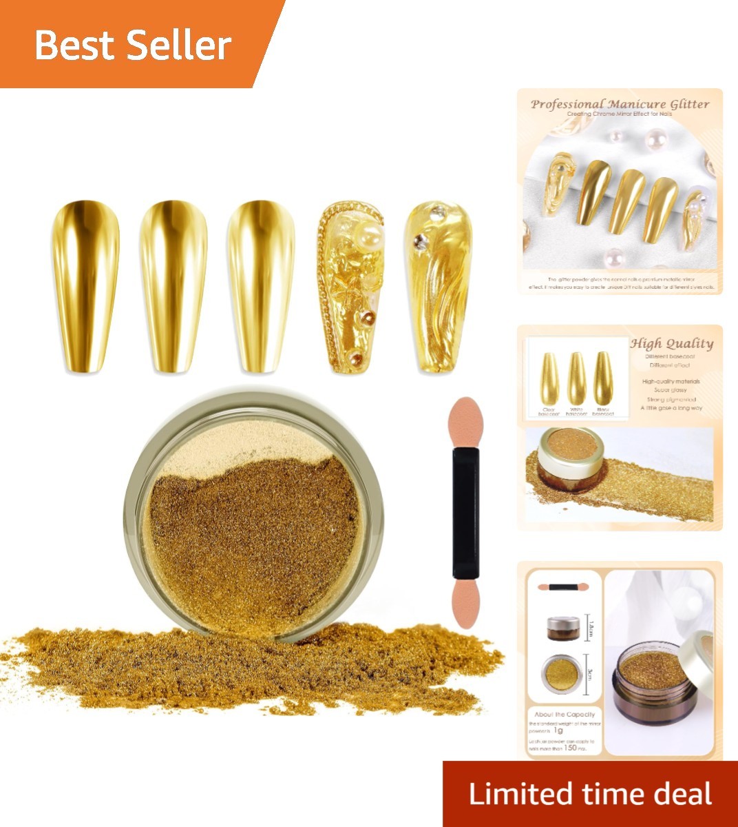 Bright Gold Chrome Nail Powder – Mirror Effect Pigment for Glamorous DIY Nails