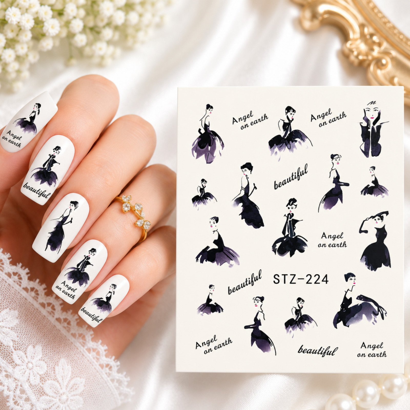 Elegant Fashion Lady 3D Water Transfer Nail Art Decal Stickers DIY Manicure