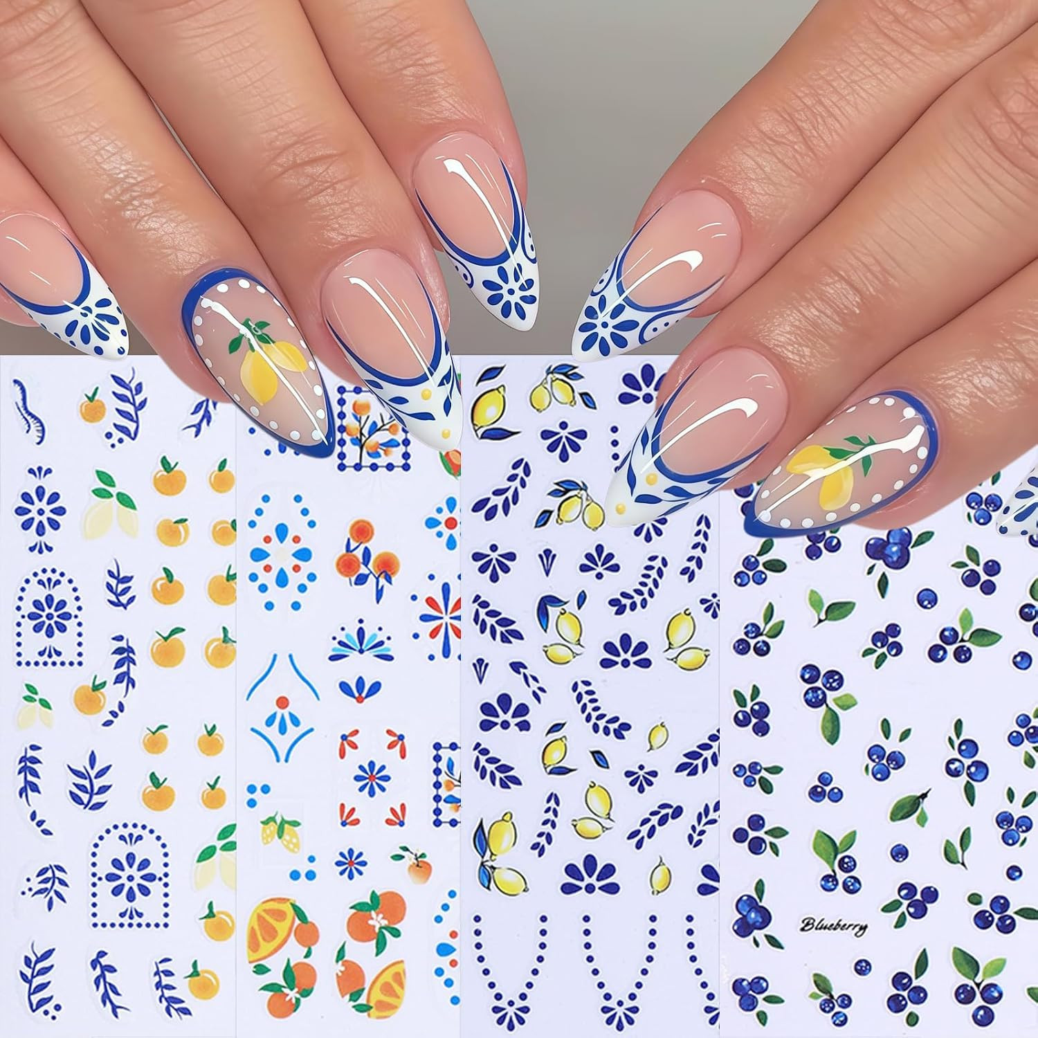 8Sheets Fruit Nail Art Stickers Decals 3D Summer Fruit Nail Decals Blueberry Lem