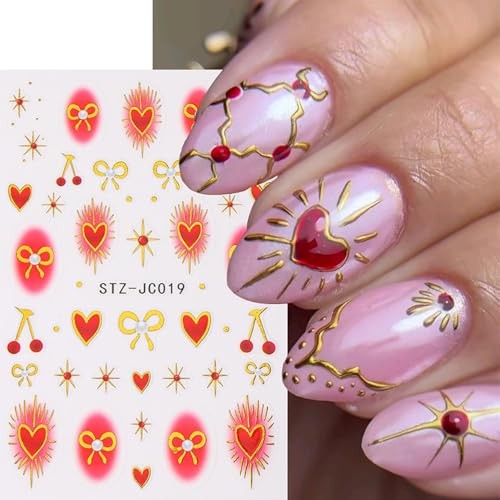 Valentine’s Nail Art Stickers Red Heart Nail Decals 3D Self Red Love Heart Bow