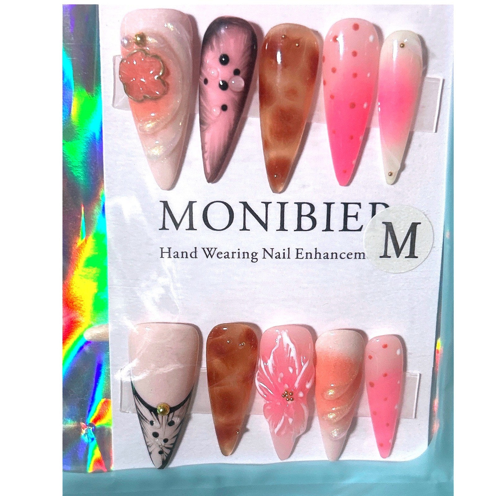 MONIBIER Pink Brown Animal Print Floral Press On Nails Coffin Medium