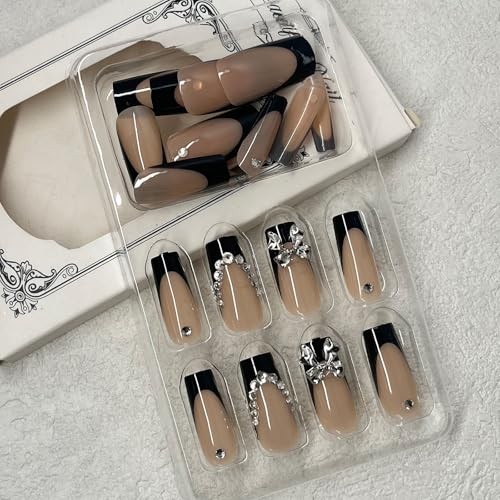 Black French Tip Press on Nails Medium Square Fake Nails with Silver Bow
