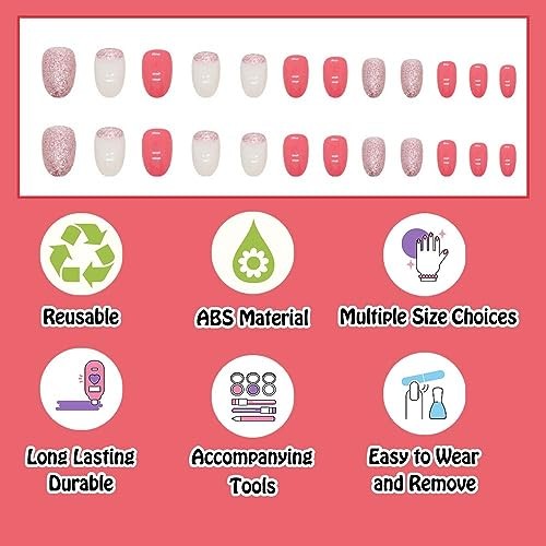 Press on Nails Short Oval Pink Fake Nail with Glitter Ombre White Design on