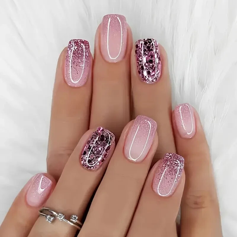 24pcs set of nail stickers, short square glitter gradient, pink, removable false