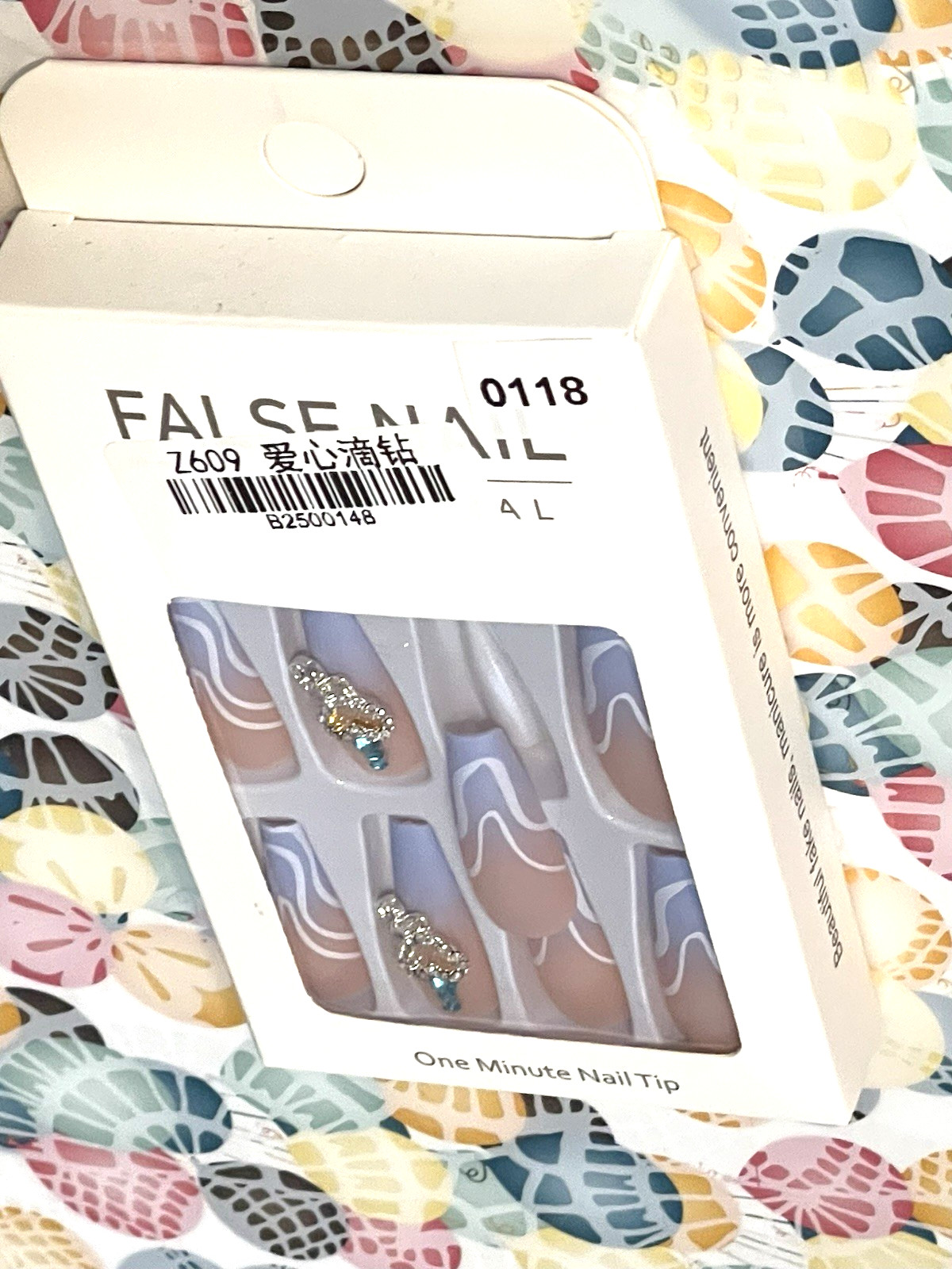 False Nail Professional NUDE LIGHT BLUE OMBRÉ with WHITE SWIRLS & HEART CHARM