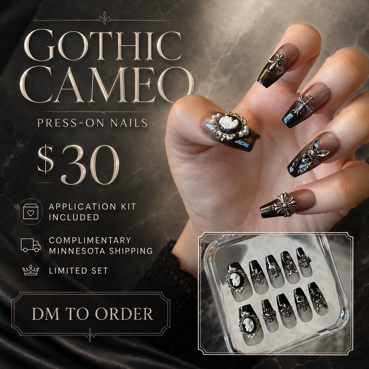 Press-On Nails Long Coffin Black & Gray 3D Full Cover Pre-Designed Gothic