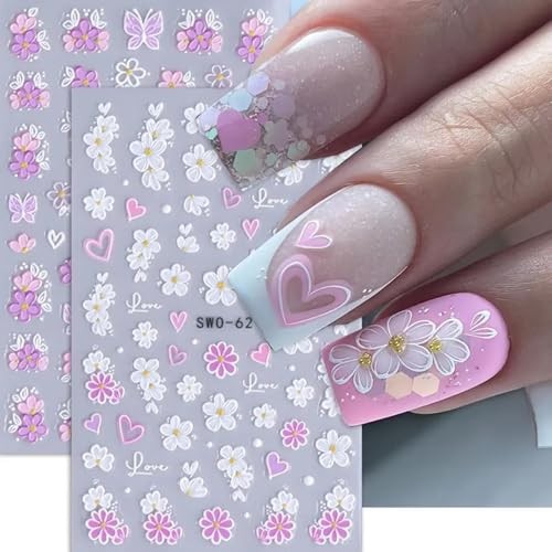 2 Sheets Spring Flower Nail Art Stickers Decals 5D Embossed Nail Decals Self W5