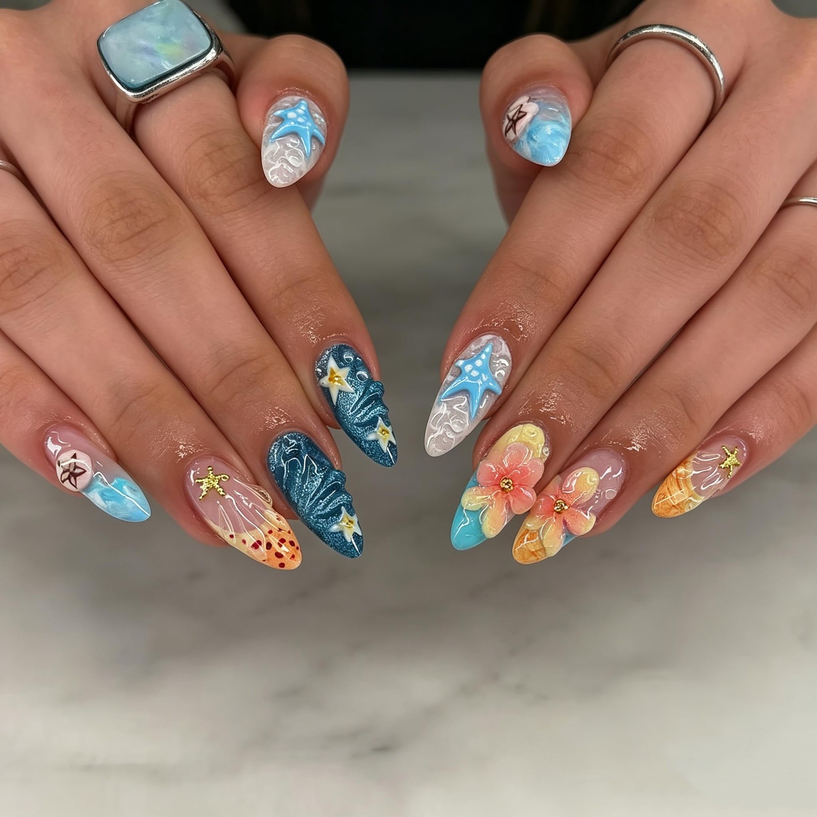 Tephrent French Tip Press on Nails Medium Almond Beach Flowers