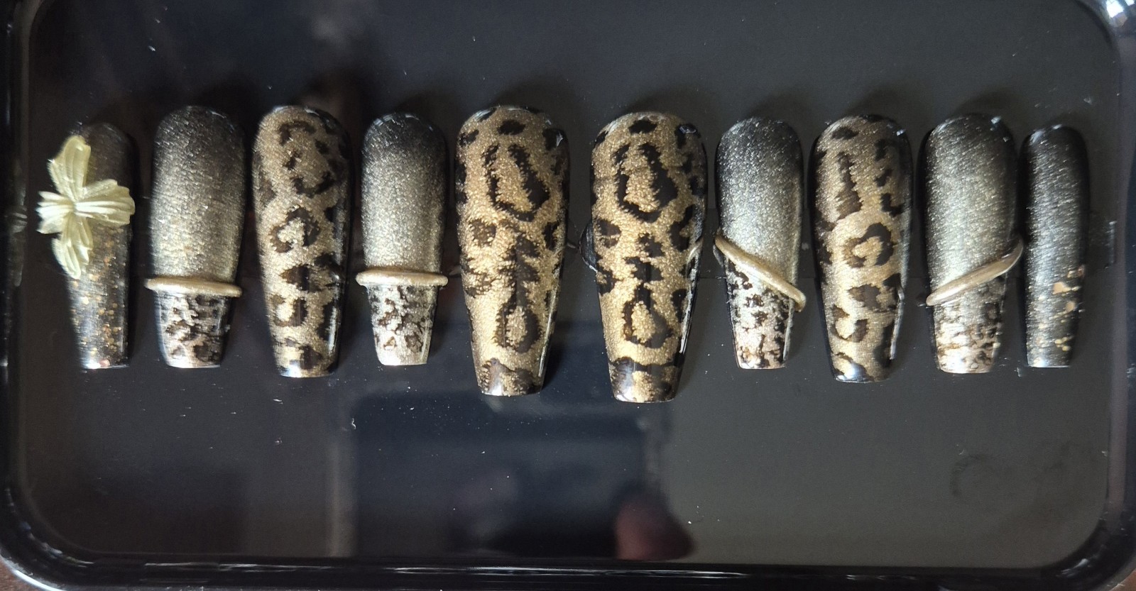 Gold Black Glitter Leopard Coffin Press-On Nails Pre-Designed Full Cover