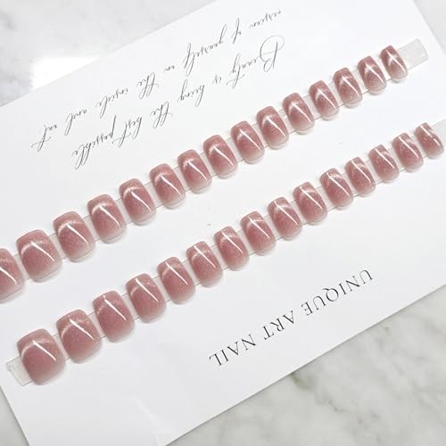 30 Pcs Press on Nails – Short Fake Nails with Glitter Cat Eyes – Blush Cat Eyes