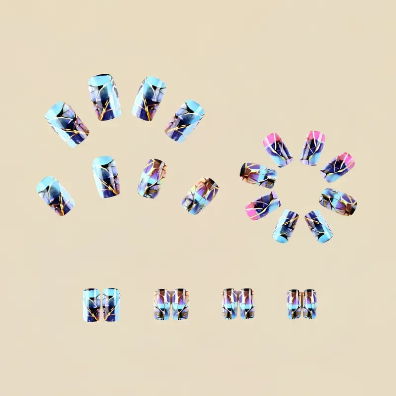 Autumn and Winter Medium-Long False Nail Stickers Sky Blue Glaze Color Shattered