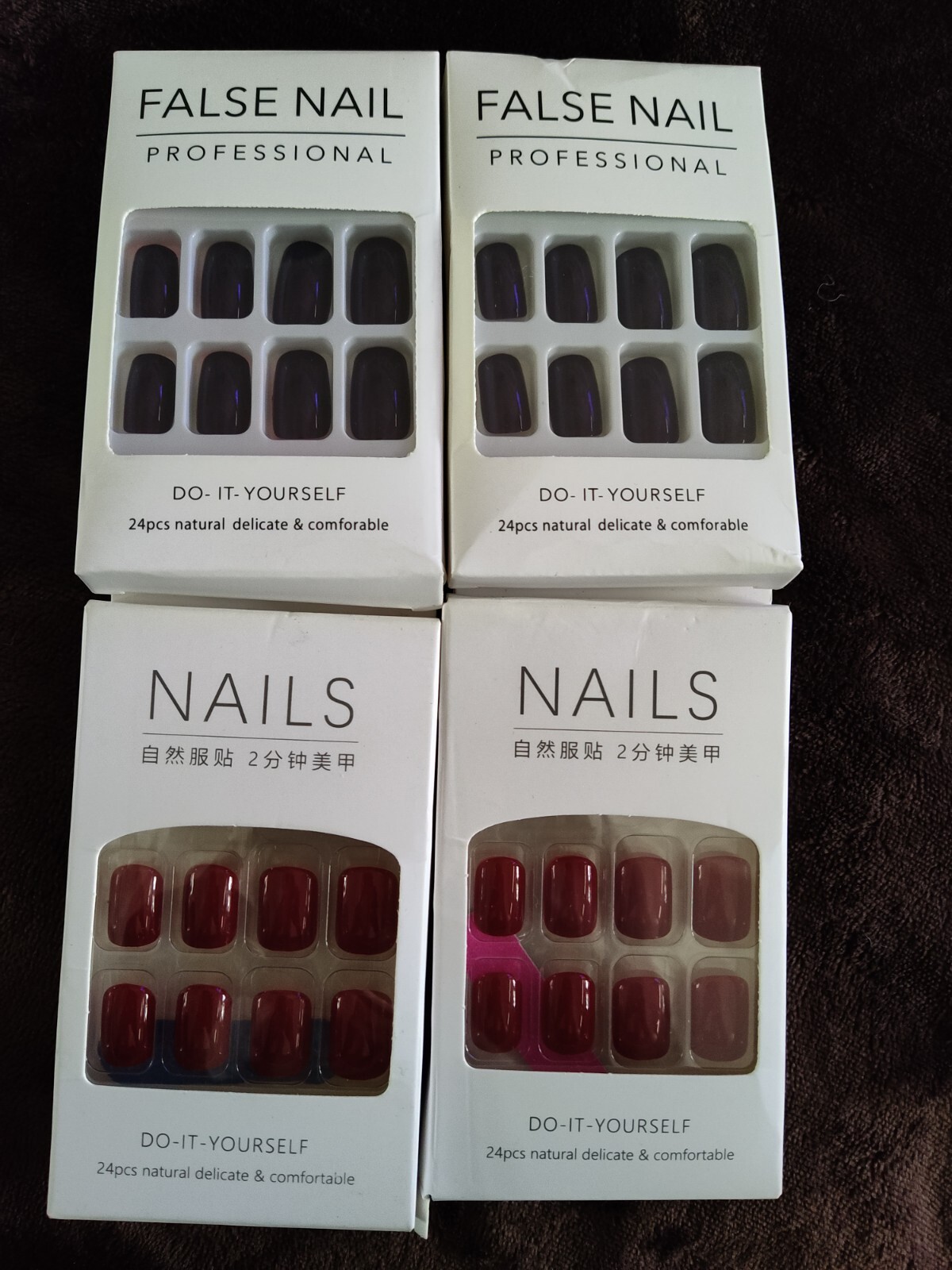 4 Packs 96 Pieces Nails Deep Purple Dark Red Medium Glossy Press On False Nails