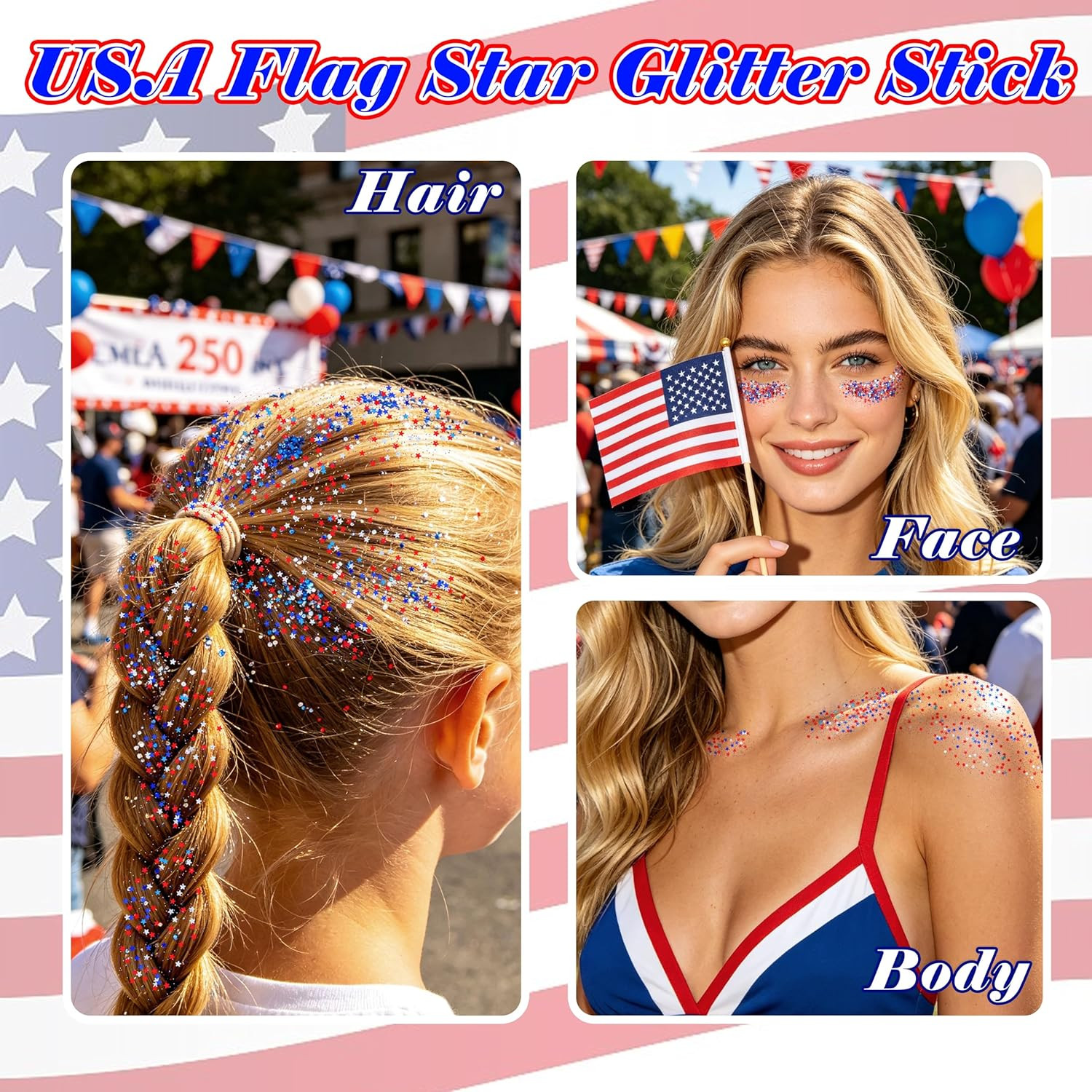 Red White and Blue Star Face Glitter Stick,4th of July Accessories for Women …