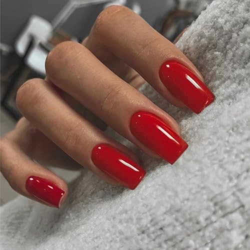 Red Nails Press ons, Press on Nails Medium Square Glue on Nails glossy red