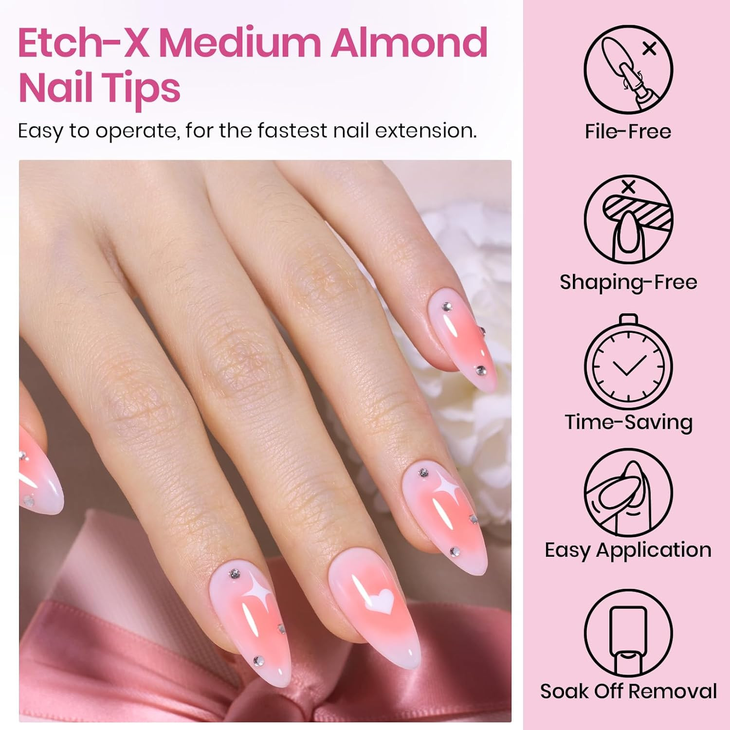 Beetles Medium Almond Nail Tips 576Pcs 12 Sizes, Pre-Etched Soft Gel Tips Half M