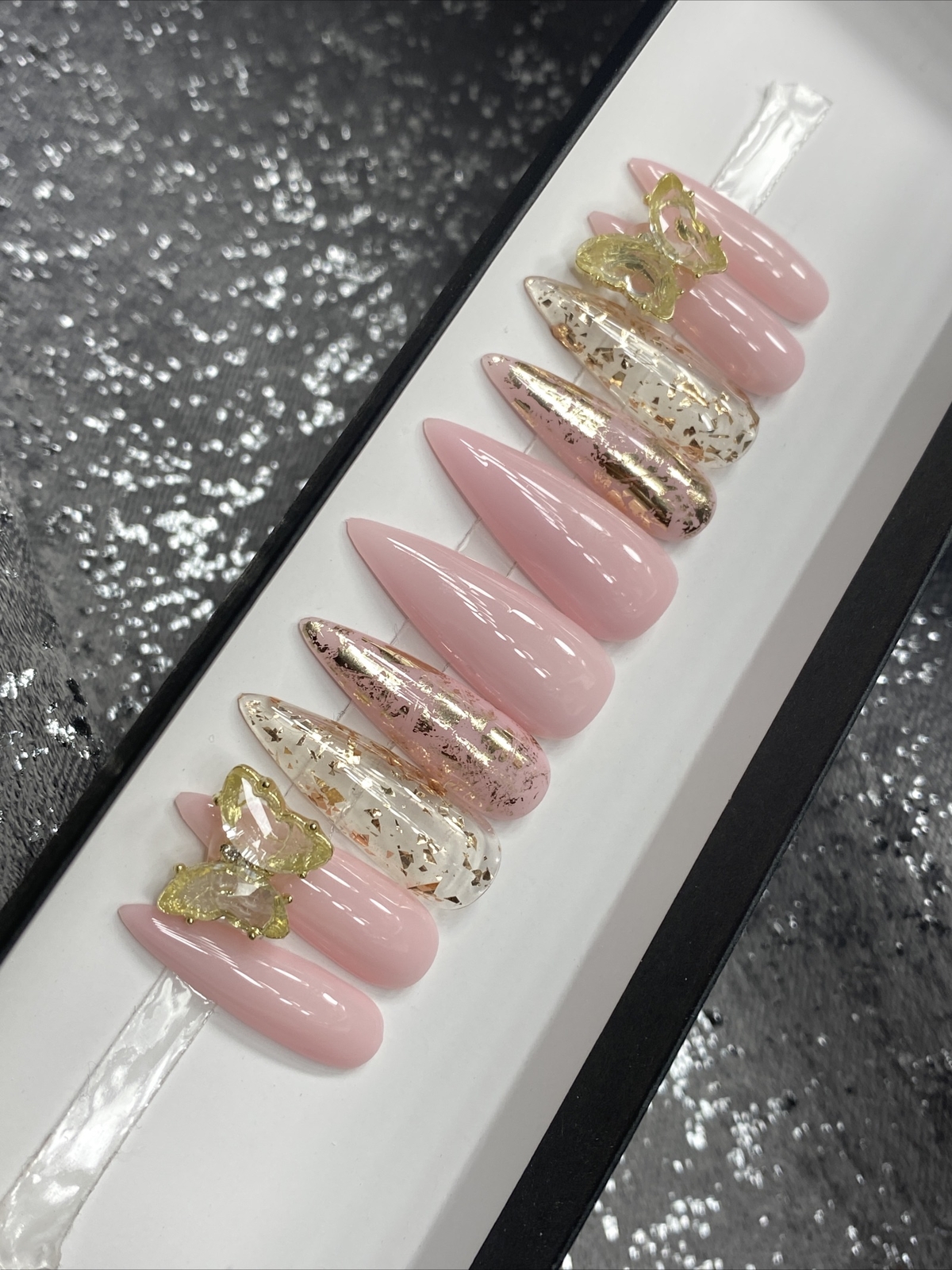 🔥 CUSTOM Gel Press On Nails, PINK W BLING , Stiletto Long, 10p Set W/ KIT NEW