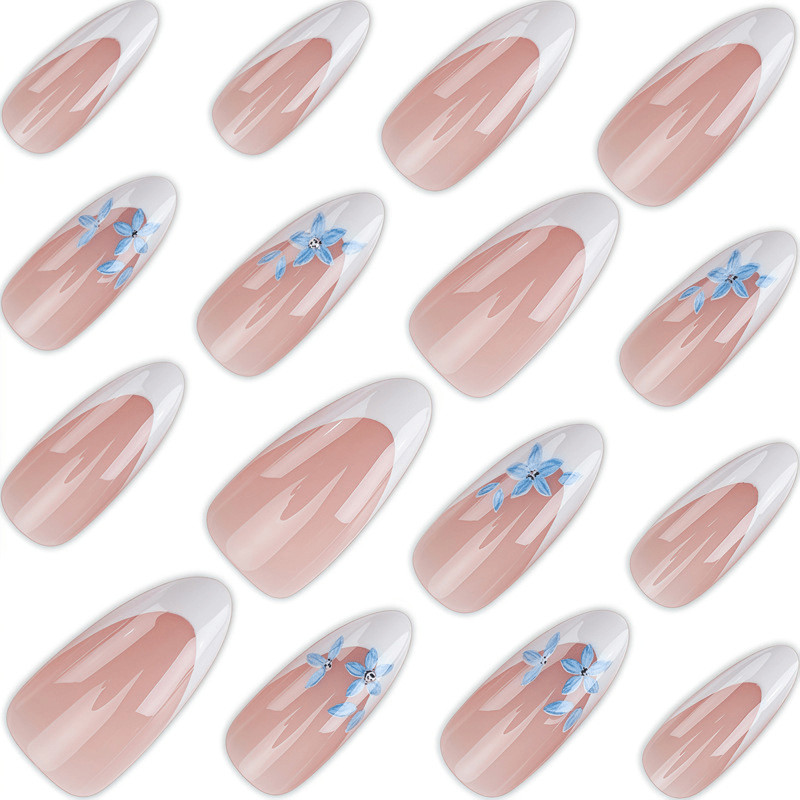 60pcs Medium Almond Press On Nails, Nude Pink Base With White French Tip