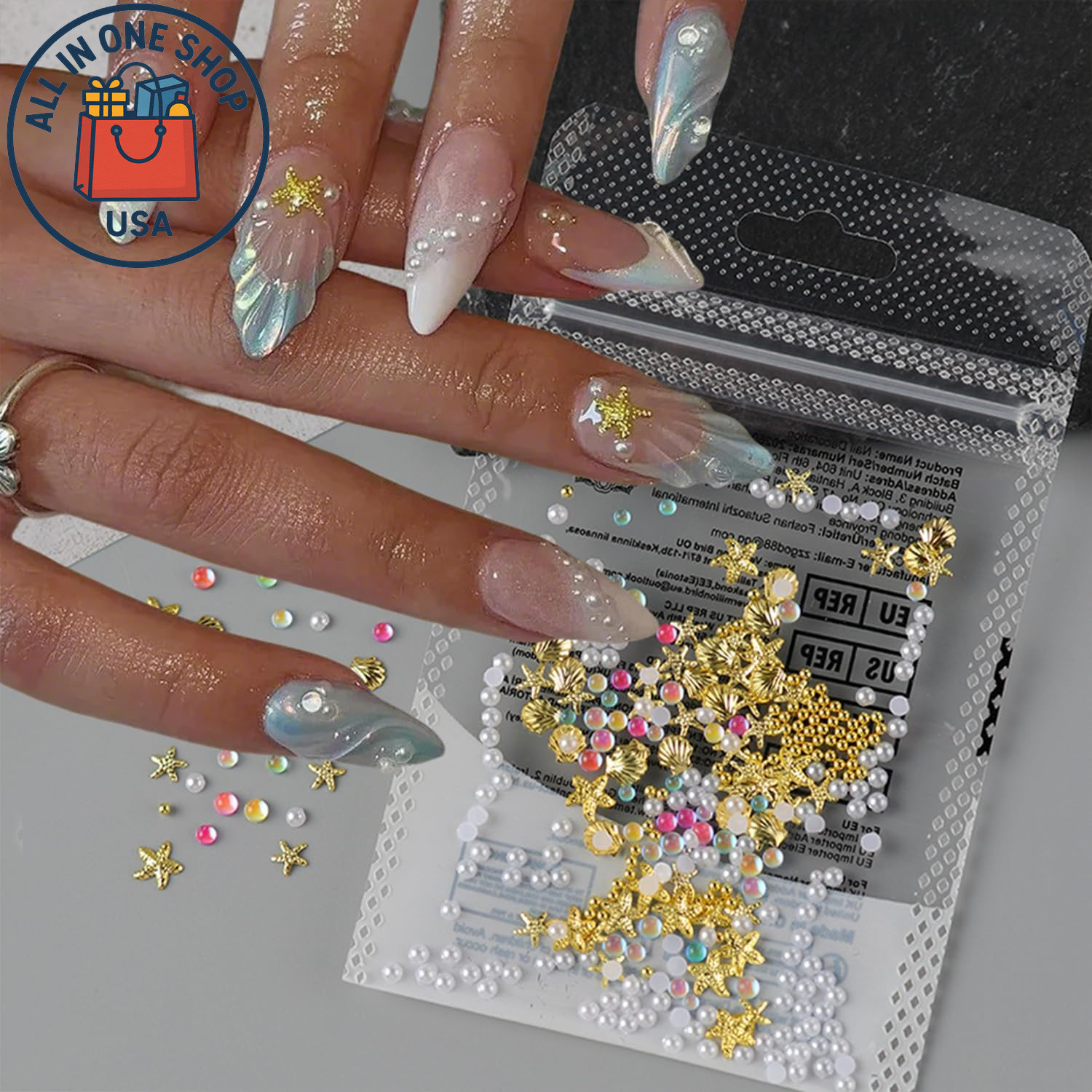 Summer Ocean Nail Art Charms – 3D Gold Starfish & Shell with Pearls