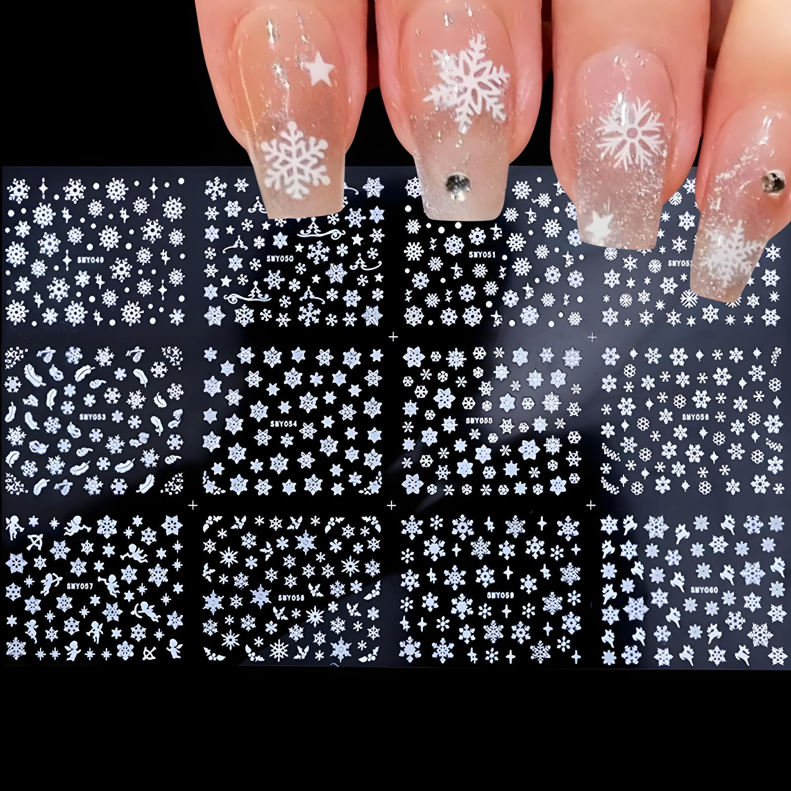 12 Sheets Christmas Nail Art Stickers White Snowflake Nail Decals Self- Adhes…