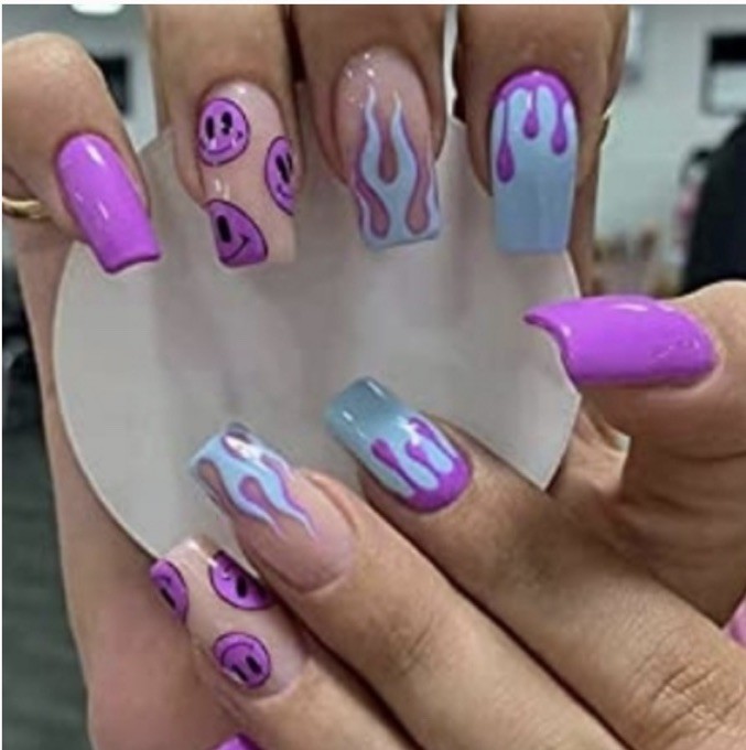 Press-On Nails Set, Purple Blue, Smiley Face Flame, Shiny, Long Coffin