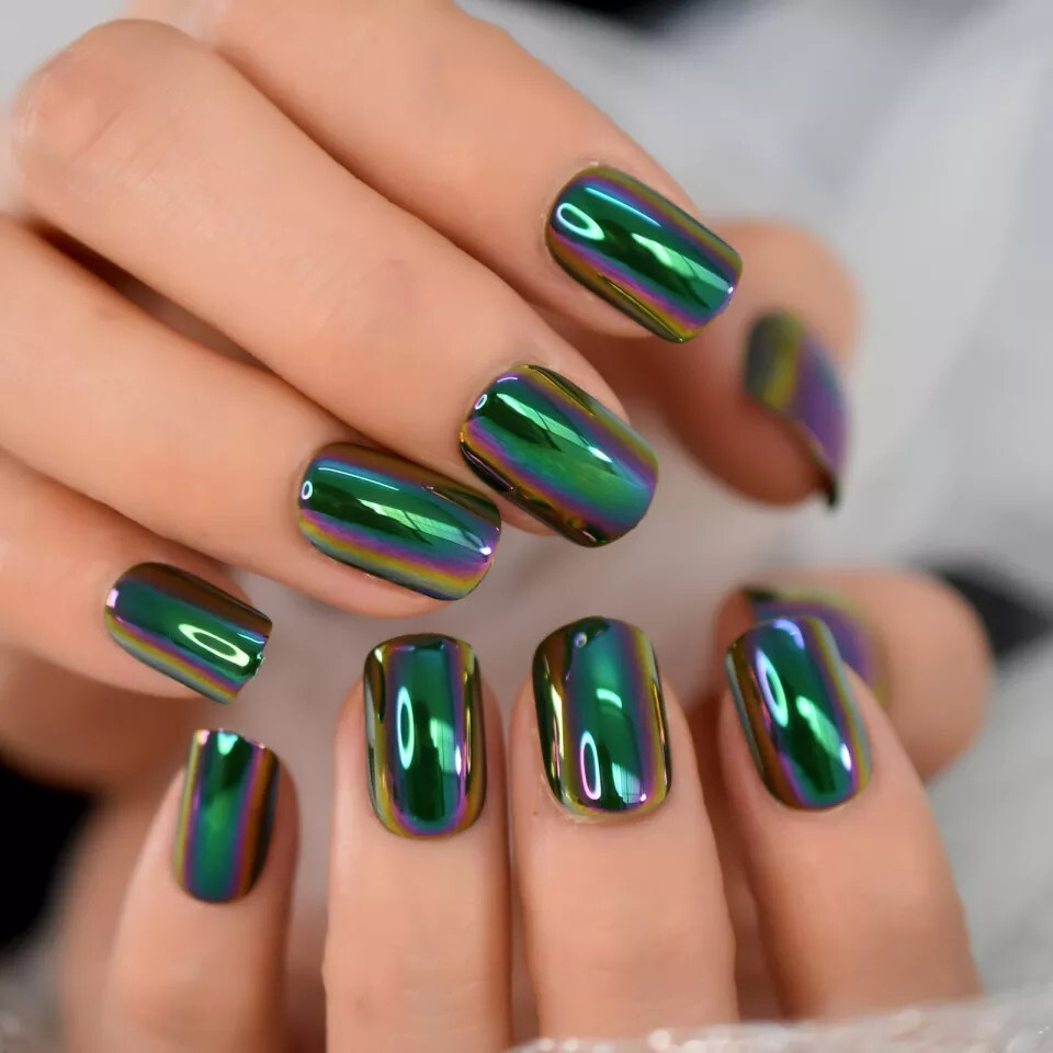24 Short Press on nails kit w glue green chameleon chrome