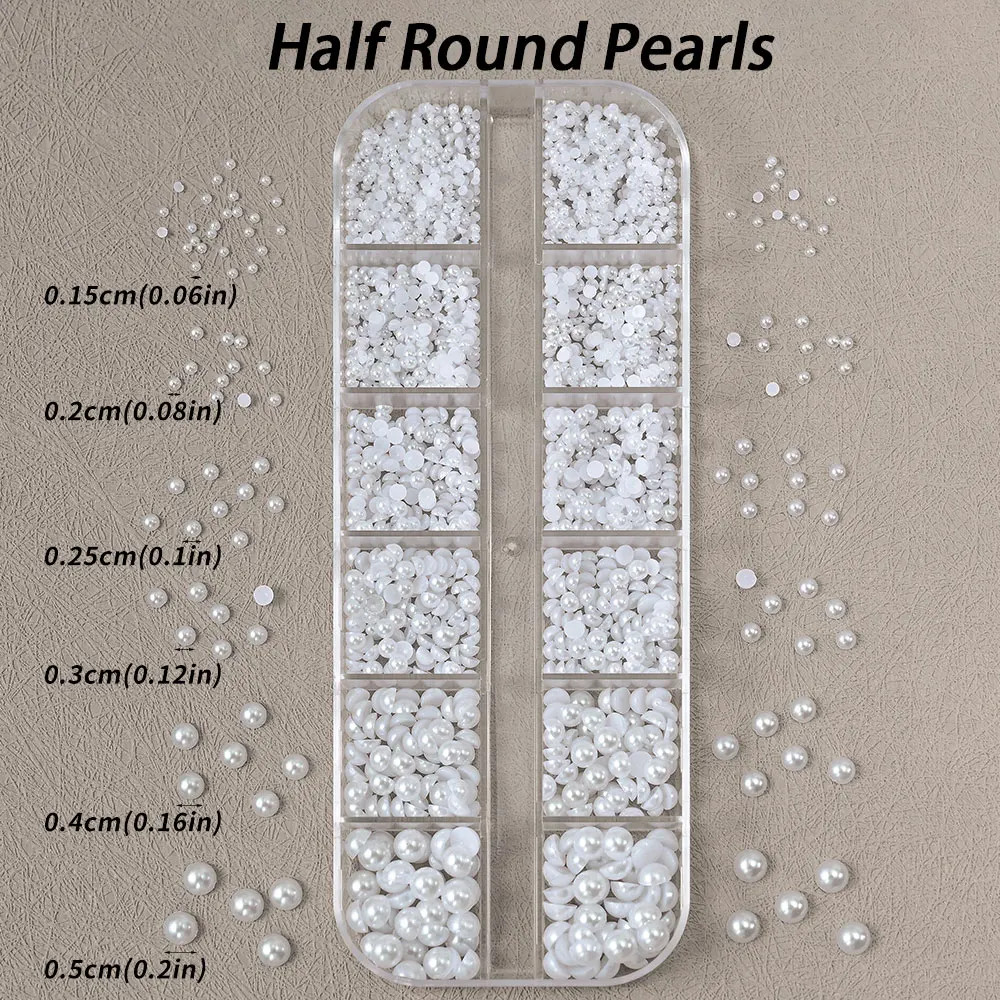 12grids Half Round Pearls Beads 3D Nail Charms 1.5/2/2.5/3/4/5mm White Flatback