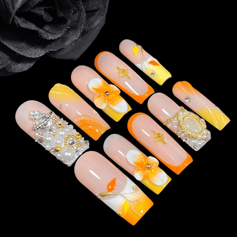 Handmade Long Square Nails Peach Orange Ombre 3D Flower Pearl Rhinestone