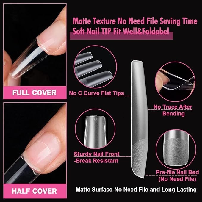 UNA GELLA 120pcs XXL Full Square Gel Tips – Clear, Matte Straight