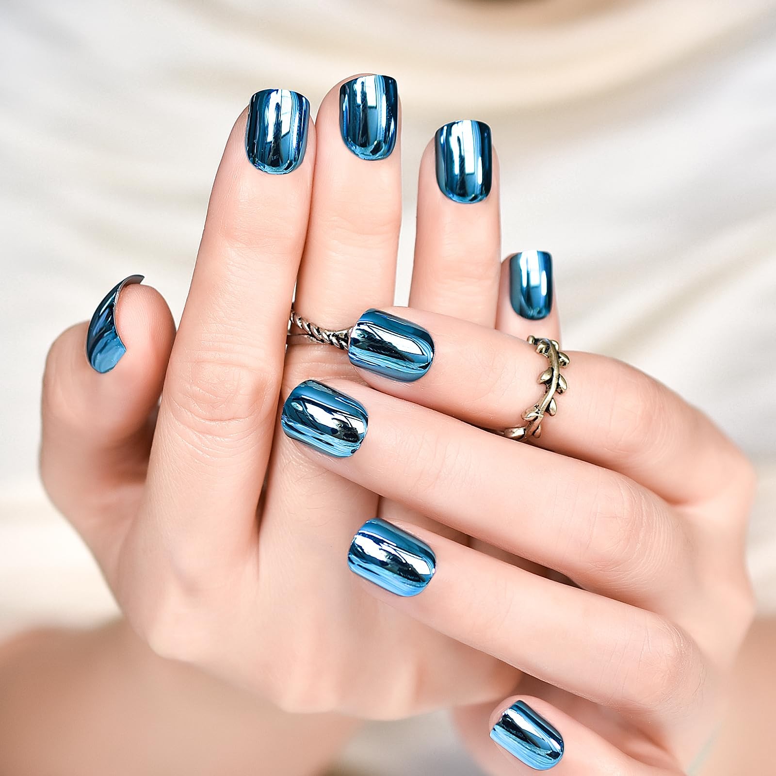 Press on Nails Metallic Mirror Bliue Fake Nail |UV Medium-short Square False …