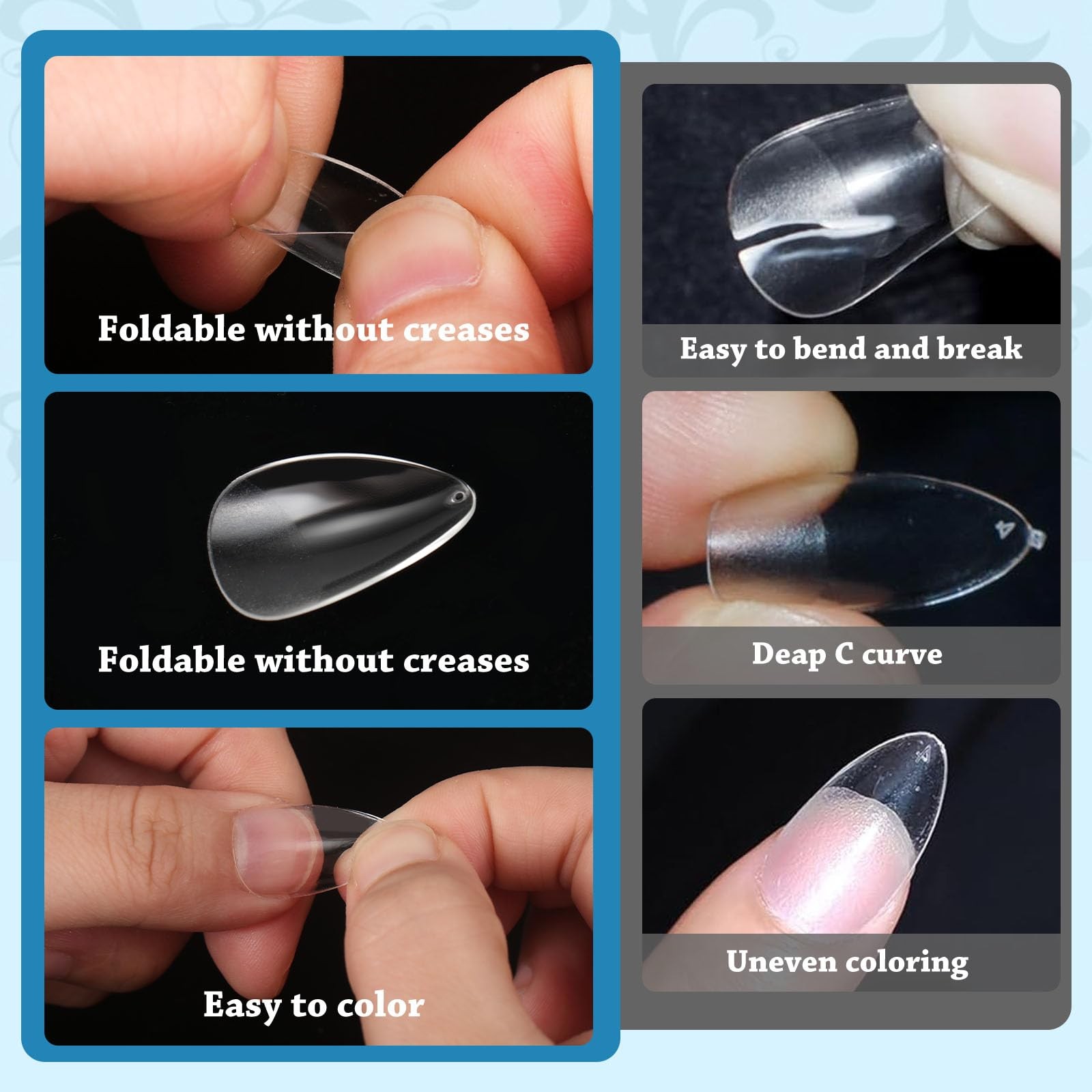 288PC Short Almond Nail Tips Clear Gel Acrylic FullCover Press-On Nails 12 Sizes