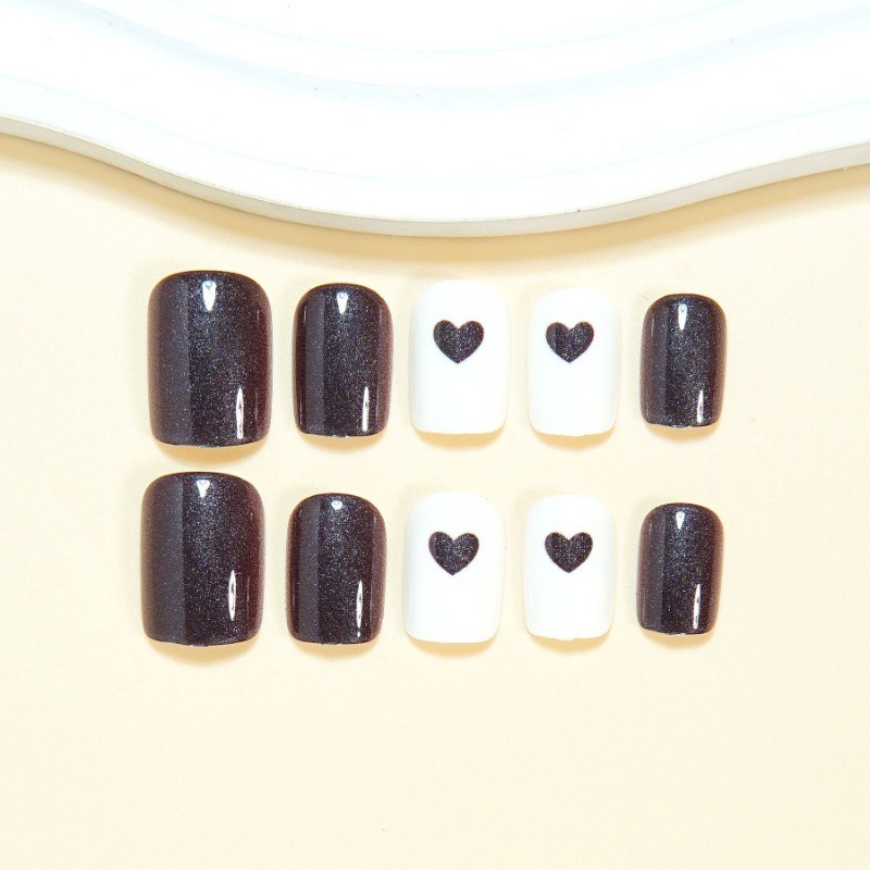 48PCS Short Square Brown Heart-shaped Reusable Brown Beige Fake Nail Art