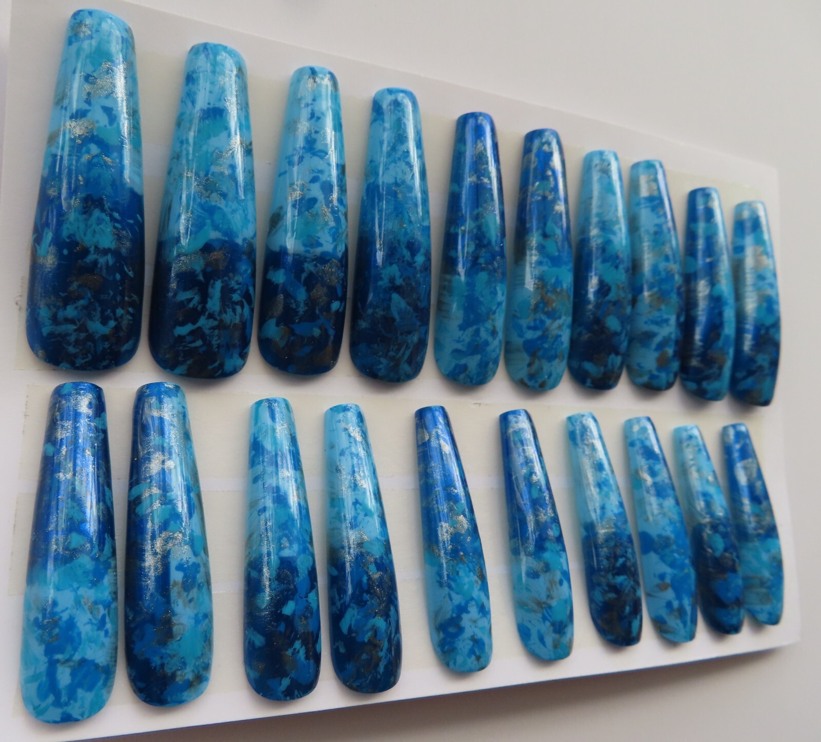 XL Light & Dark Blue Silver Splatter Square Coffin Press On Nails (20)