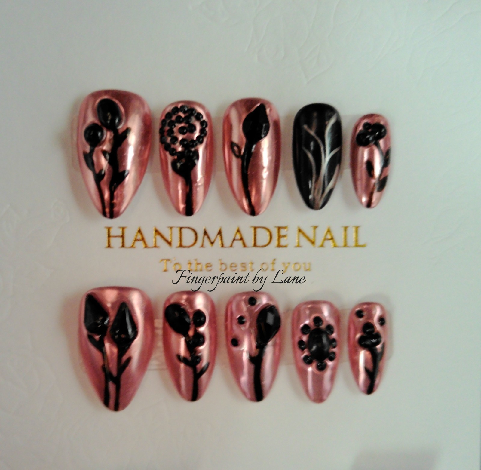 Chrome Rose Gold with Black Flowers Press On Nails – Medium
