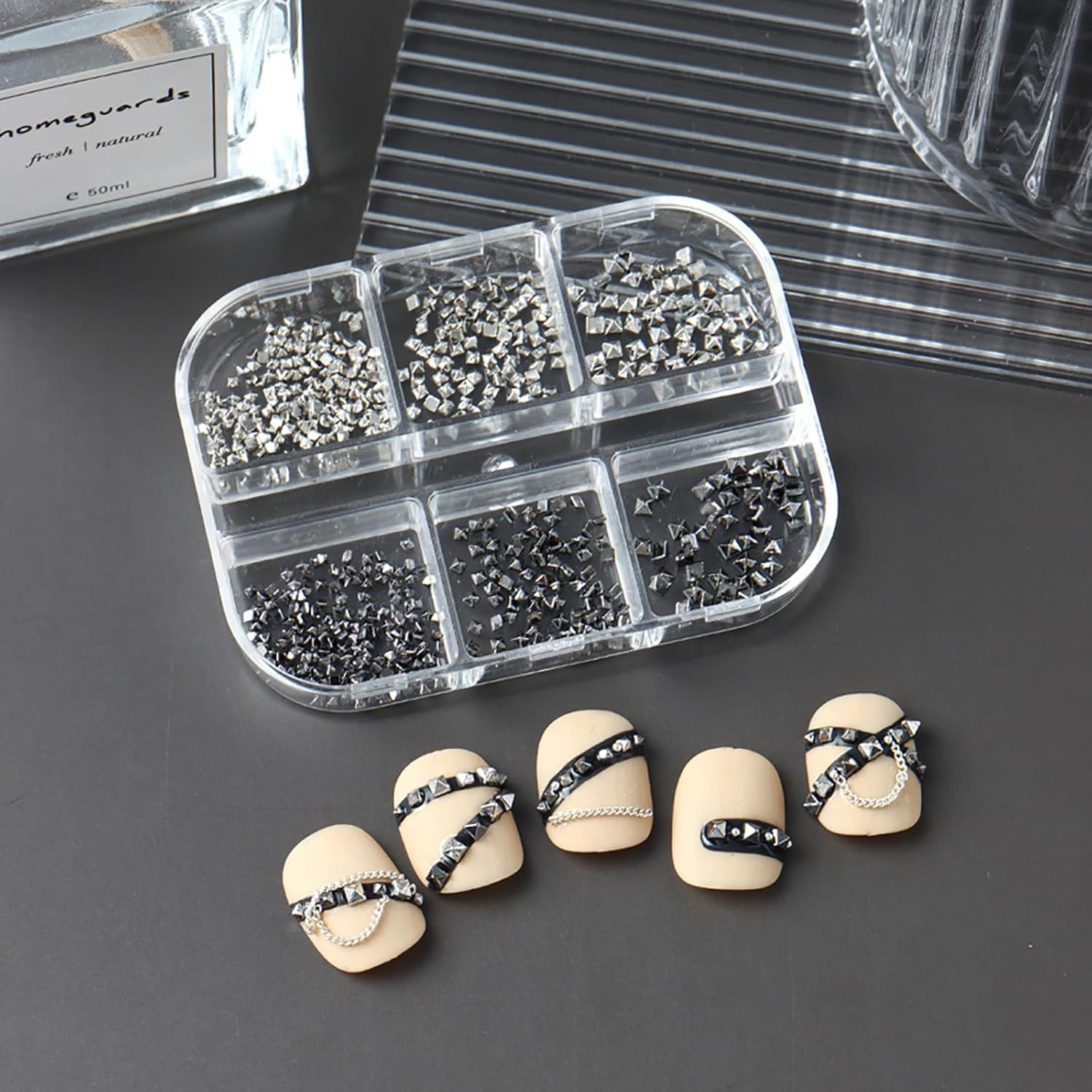 Square Spire Nail Charms, 3D Mini Metal Nail Art Studs Rivets, Black Silver Punk