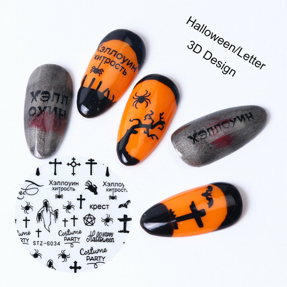 3D Halloween Cross Spider Pumpkin Skull Nail Stickers Art Decals Black DIY NH15