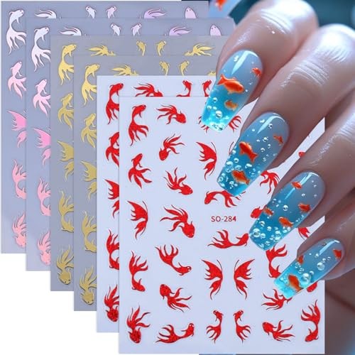 6 Pcs Nail Stickers 3D Self-Adhesive Nail Art Sticker Sparkly Nail Goldfish