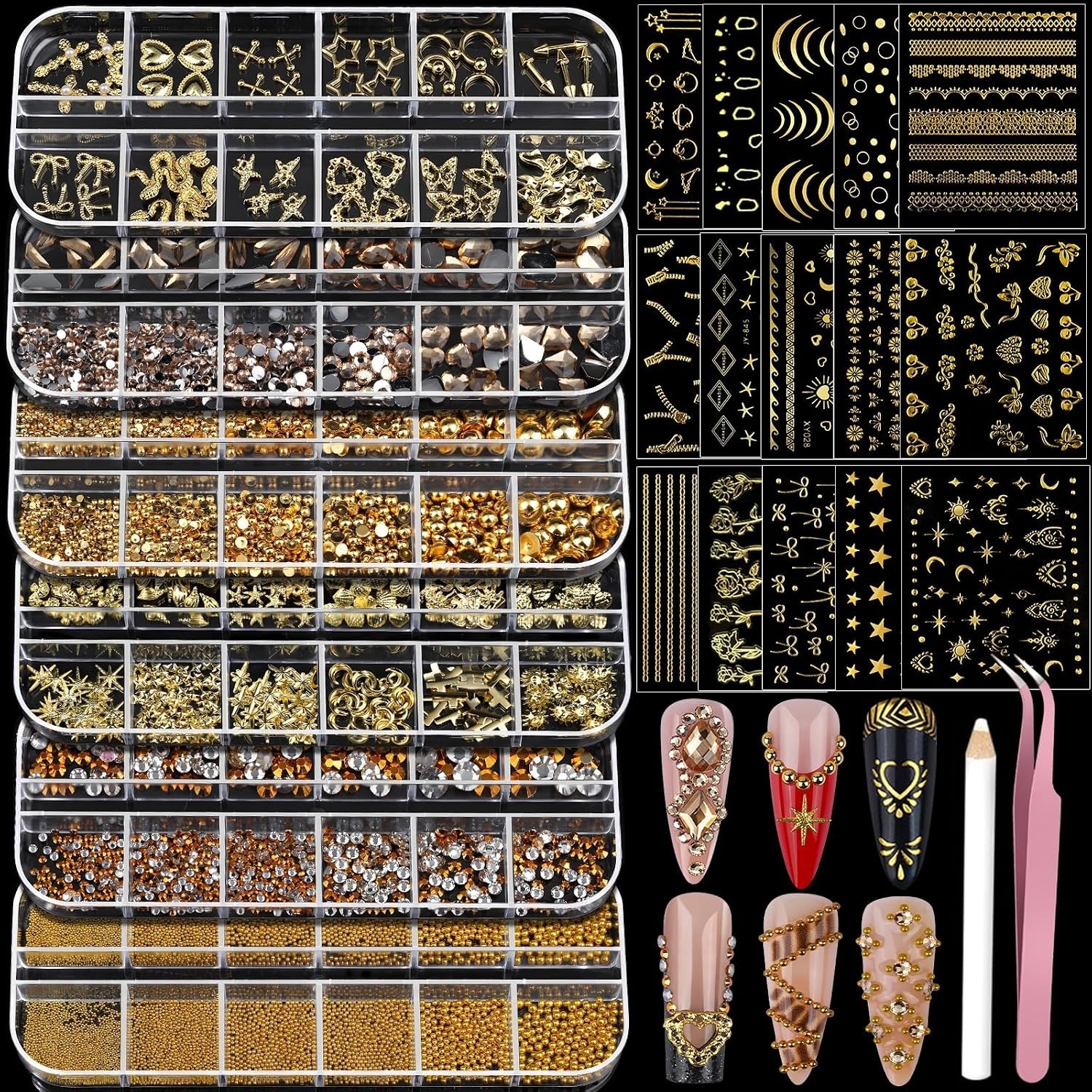 Elegant Gold Nail Charms & Rhinestones Set – 21 Unique Designs for Exquisite Art