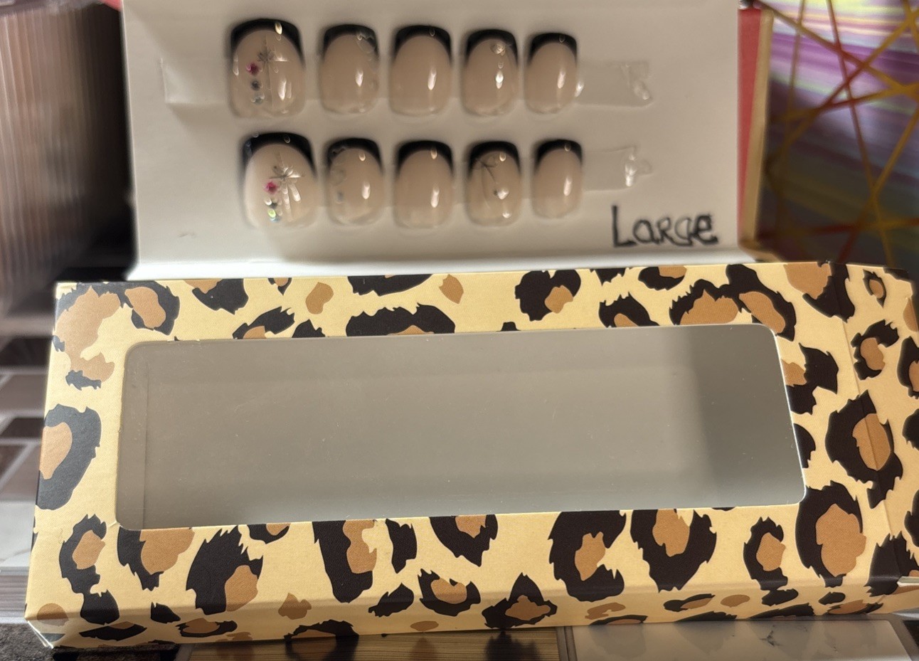 Press On Nails Short Square Black French w/silver&rhinestones full set Sz Lg…