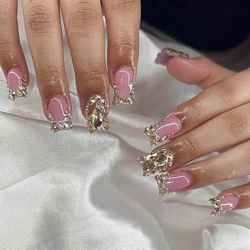 RUOKEXIN Medium Press on Nails Square Fake Nails Pink False Medium Style-Z5Z16