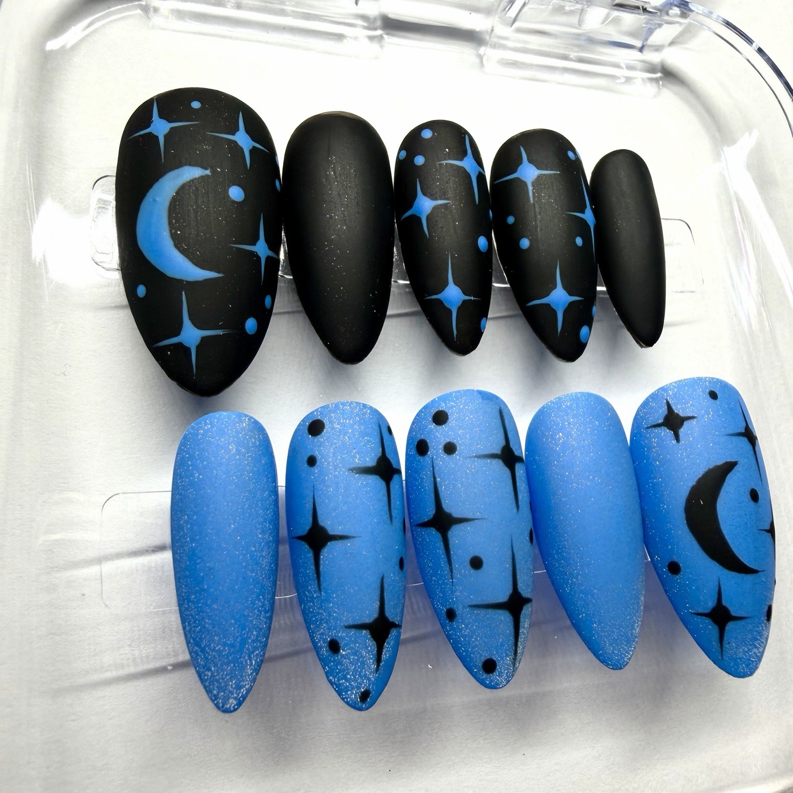 Blue & Black Matte Moon Star Almond Long Full Cover Press-On Nails Set