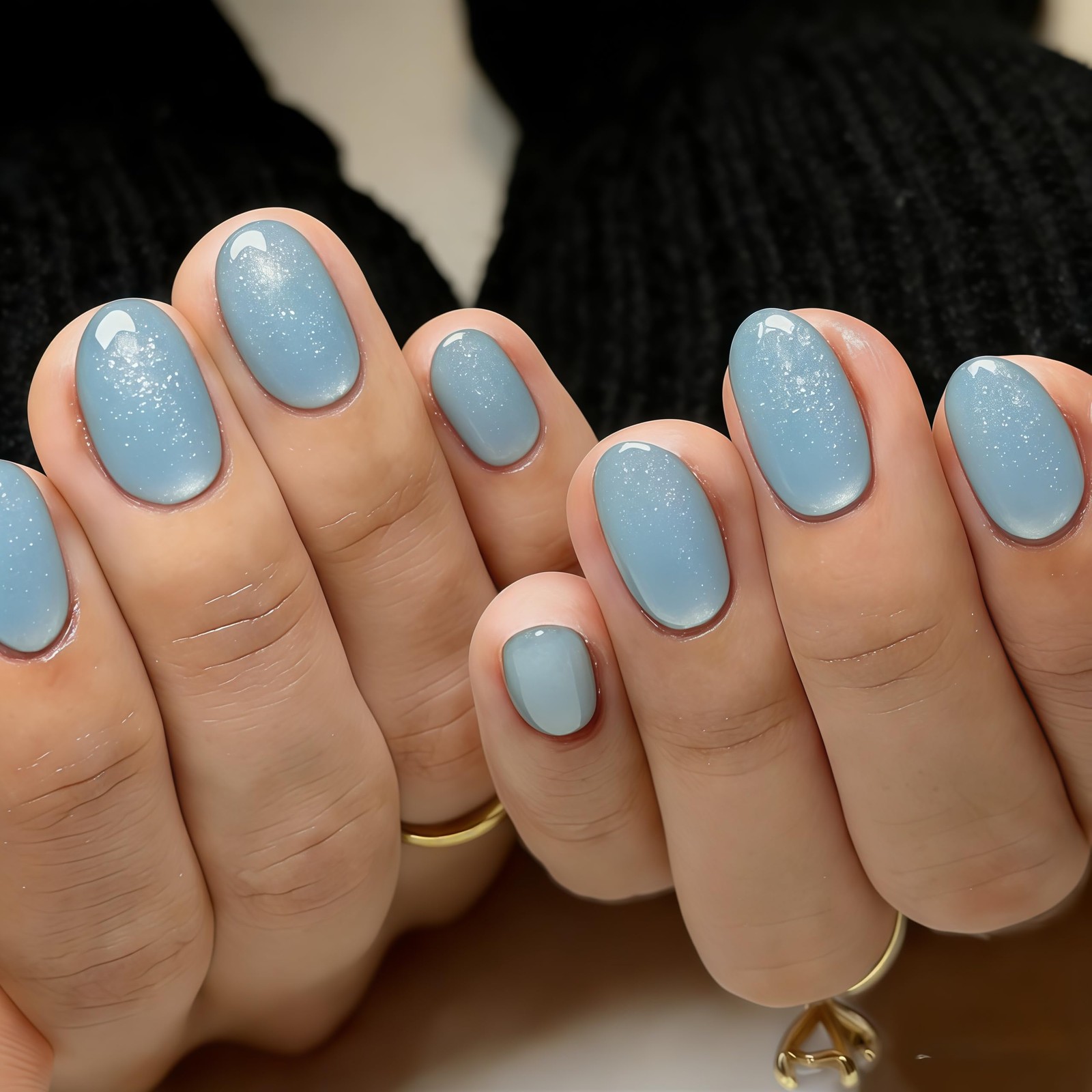 Cat Eye Pastel Blue Press on Nails Short Oval, Fake Nails with a Chrome Spark…