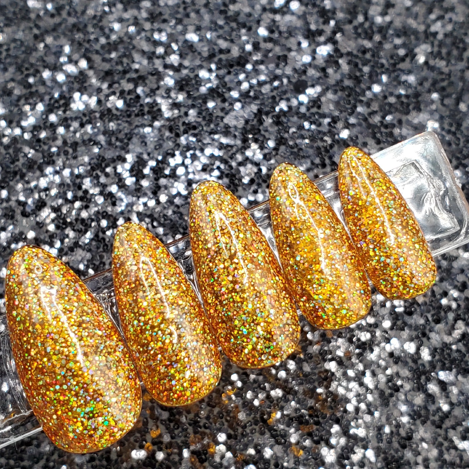 #182 Deep Gold Holo Glitter Press On Nails | Handmade | Hard Gel Glue on Nails