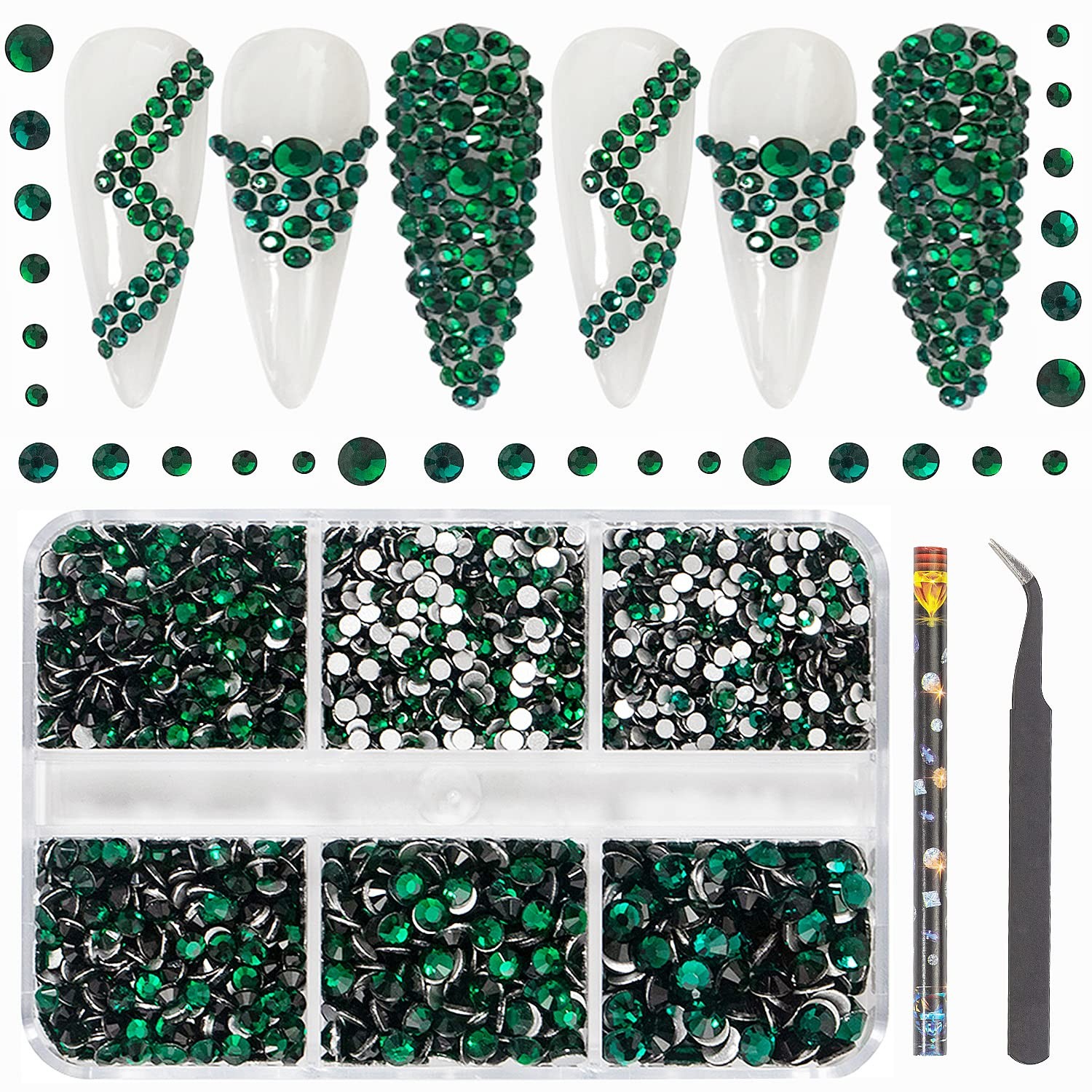 6Grids 3000Pcs Flatback Rhinestones , Dark Green Nail Gems Crystals Jewels, C…