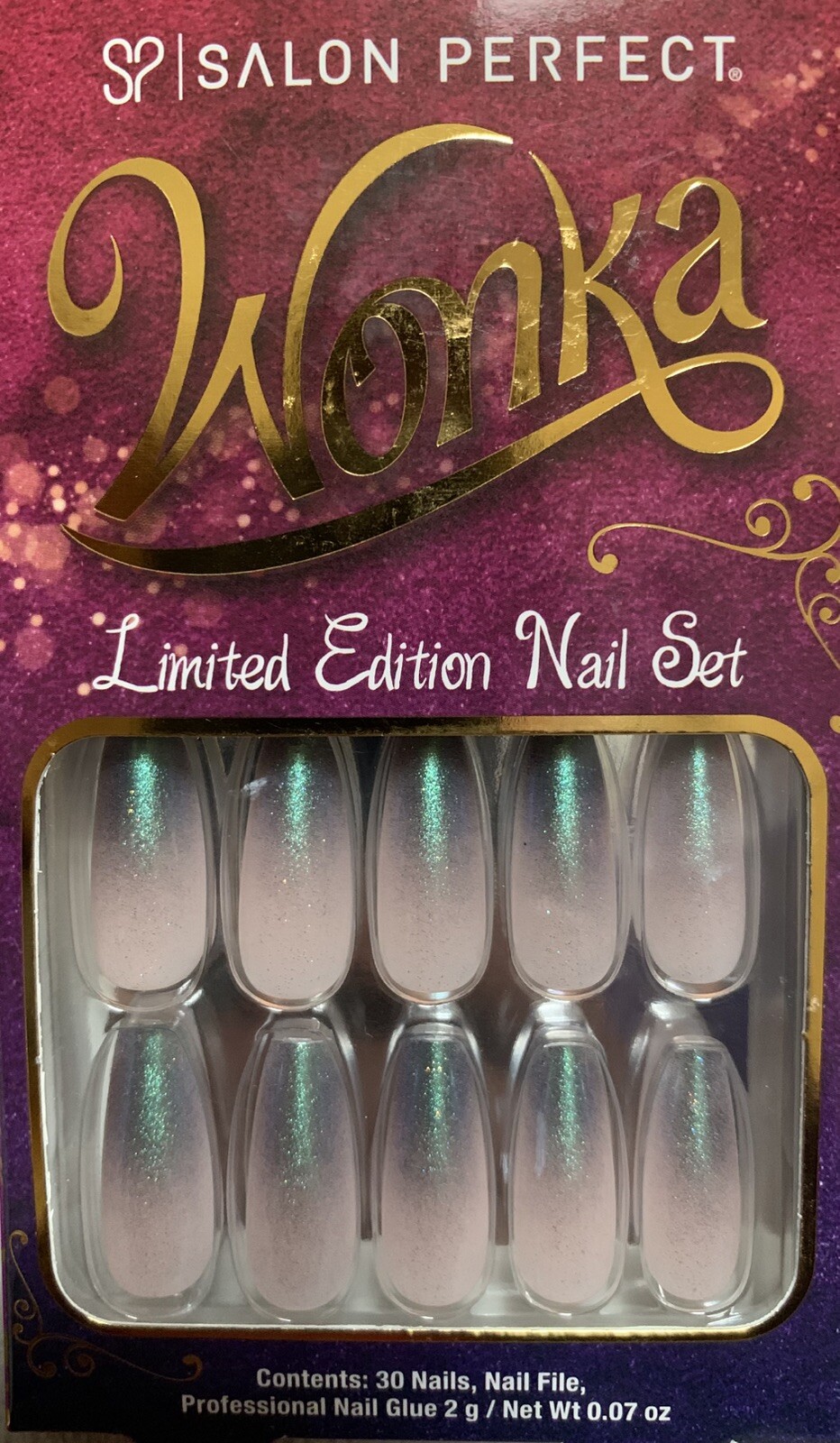NEW Salon Perfect WONKA~PURPLE SWIRL Limited Edition 30ct Glue-On Faux Nail Set