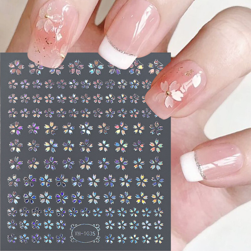 1 Sheet Nail Art Stickers Sakura Gradient Flower 3D Laser Cherry Floral Decals