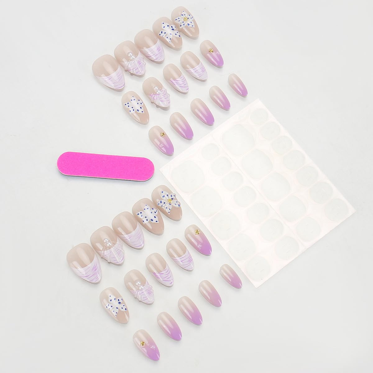 30Pcs Flower Press on Nails Short Almond French Tip Fake Nails Purple Gradient F