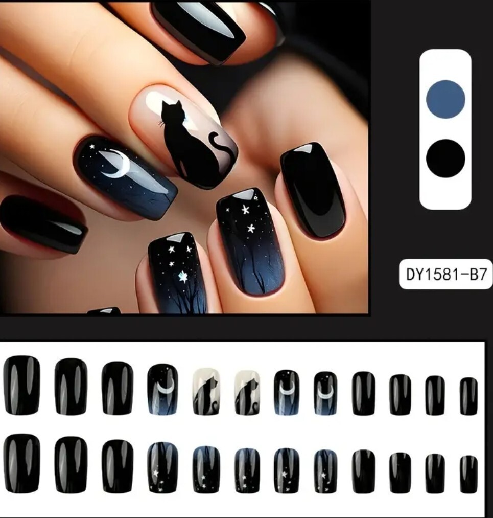 24pcs Halloween Glossy Short Oval Fake Pink & Black French Style Star Moon Cat